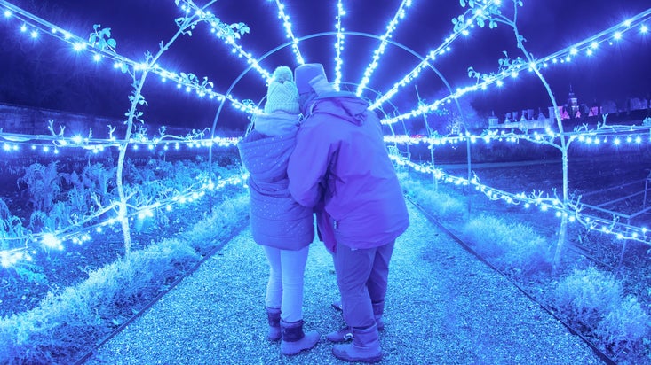 Two visitors inside an apple arch covered in lights